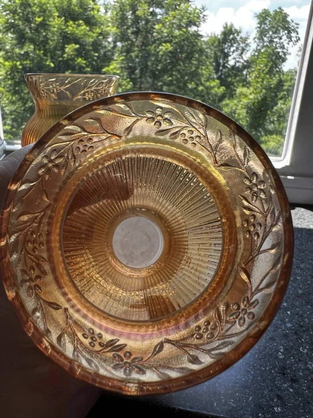 c1928 Pair/2 Jeanette Prism & Daisy Band Floral Ribbed Iridescent Glass 6